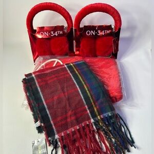 4 PIECE SET WOMEN’S RED WINTER GIFT SET, KNIT SCARF, PLAID SCARF, 2 EARMUFFS